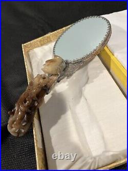 Antique Chinese Repousse Silver Dragon Mirror/Carved Neophrite Jade Handle W Box