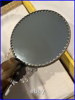 Antique Chinese Repousse Silver Dragon Mirror/Carved Neophrite Jade Handle W Box