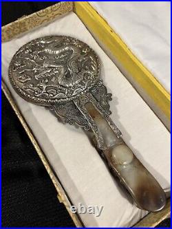 Antique Chinese Repousse Silver Dragon Mirror/Carved Neophrite Jade Handle W Box