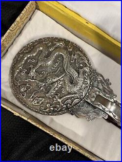 Antique Chinese Repousse Silver Dragon Mirror/Carved Neophrite Jade Handle W Box