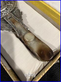 Antique Chinese Repousse Silver Dragon Mirror/Carved Neophrite Jade Handle W Box