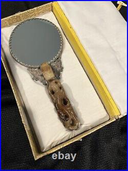 Antique Chinese Repousse Silver Dragon Mirror/Carved Neophrite Jade Handle W Box