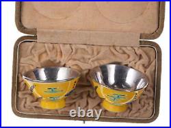 Antique Chinese Republic Period Silver lined porcelain Master salt dips in box