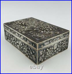 Antique Chinese SHANGHAI Export Silver Luen Wo Flower Repousse Cigar Box 523.6g