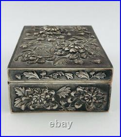 Antique Chinese SHANGHAI Export Silver Luen Wo Flower Repousse Cigar Box 523.6g
