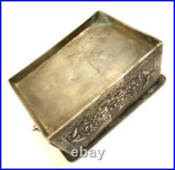 Antique Chinese SHOU LONGEVITY Sgd SILVER REPOUSEE TRAVELING BOX Compact Mirror
