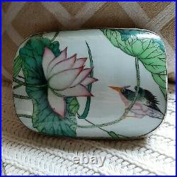 Antique Chinese Shard Box with pink lotus and bird ceramic lid, Silver plate box
