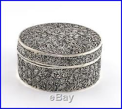 Antique Chinese Signed Silver 385g Pierce Work Repousse Circular Lidded Box