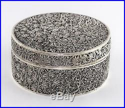 Antique Chinese Signed Silver 385g Pierce Work Repousse Circular Lidded Box