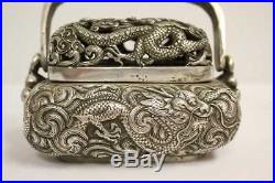 Antique Chinese Signed Silver Over Bronze Hand Warmer Dragons Minaudiere Bag