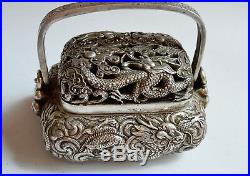 Antique Chinese Signed Silver Over Bronze Hand Warmer Dragons Minaudiere Bag