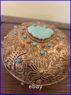 Antique Chinese Silver And Gold Filigree Jewelry Box With Jade And Gemstones Wow