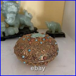 Antique Chinese Silver And Gold Filigree Jewelry Box With Jade And Gemstones Wow