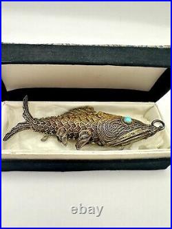 Antique Chinese Silver Articulated Filigree Koi Fish Box Pendant Turquoise Eyes