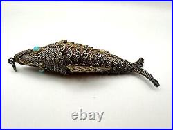 Antique Chinese Silver Articulated Filigree Koi Fish Box Pendant Turquoise Eyes