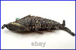 Antique Chinese Silver Articulated Filigree Koi Fish Box Pendant Turquoise Eyes