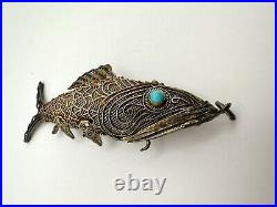 Antique Chinese Silver Articulated Filigree Koi Fish Box Pendant Turquoise Eyes