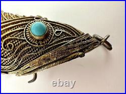 Antique Chinese Silver Articulated Filigree Koi Fish Box Pendant Turquoise Eyes