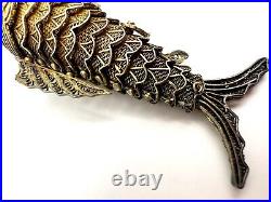 Antique Chinese Silver Articulated Filigree Koi Fish Box Pendant Turquoise Eyes