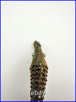 Antique Chinese Silver Articulated Filigree Koi Fish Box Pendant Turquoise Eyes