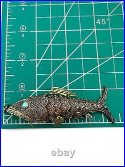 Antique Chinese Silver Articulated Filigree Koi Fish Box Pendant Turquoise Eyes