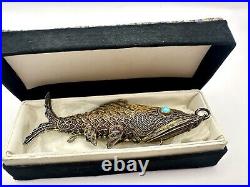 Antique Chinese Silver Articulated Filigree Koi Fish Box Pendant Turquoise Eyes