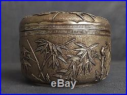 Antique Chinese Silver Box. Cranes. Signed. Qing Dynasty. Calligraphy. 19th C