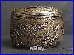 Antique Chinese Silver Box. Cranes. Signed. Qing Dynasty. Calligraphy. 19th C