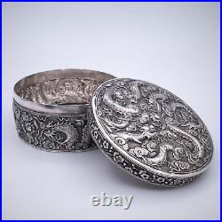 Antique Chinese Silver Box With Dragons Chasing Flaming Pearls. Marked He Zhen