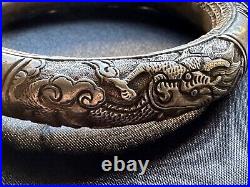 Antique Chinese Silver Bracelet Lotus, Village scene, Dragon 7 Hallmarks