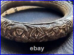 Antique Chinese Silver Bracelet Lotus, Village scene, Dragon 7 Hallmarks