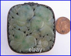 Antique Chinese Silver Carved Jade Jadeite Floral Gourd Compact Box China
