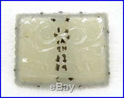 Antique Chinese Silver Carved White Jade Figurals Clip with Box