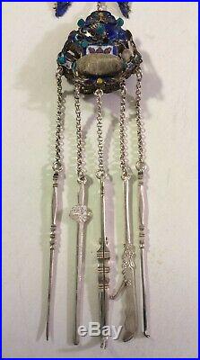 Antique Chinese Silver Cloisonne Opium Chatelaine