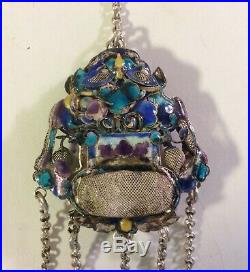 Antique Chinese Silver Cloisonne Opium Chatelaine