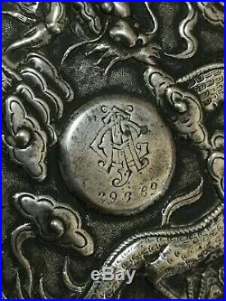 Antique Chinese Silver Dragon Box Cover, with Monogram, c 1800's