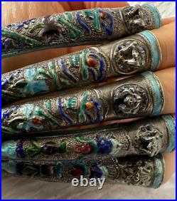 Antique Chinese Silver Enamel 5 Finger Nail Guard Finger Nail Protector Frog