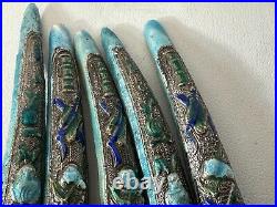 Antique Chinese Silver Enamel 5 Finger Nail Guard Finger Nail Protector Frog