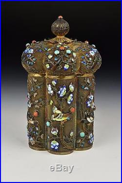 Antique Chinese Silver & Enamel Covered Box with Turquoise & Coral