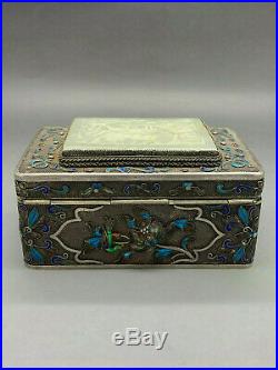 Antique Chinese Silver Enamel Flowers Box / Tea Caddy With Real Jade! Rare