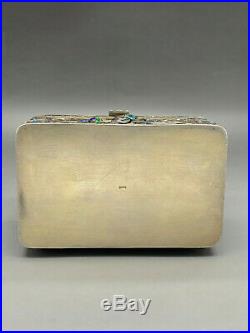 Antique Chinese Silver Enamel Flowers Box / Tea Caddy With Real Jade! Rare