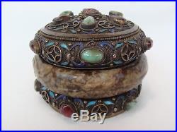 Antique Chinese Silver Enamel Jeweled Filigree Hardstone Bracelet Tea Caddy Box