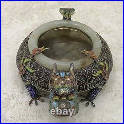 Antique Chinese Silver Enameled Silver & Jade Dragon Ashtray