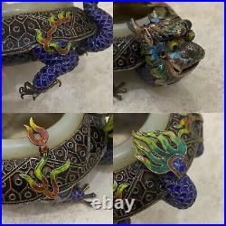 Antique Chinese Silver Enameled Silver & Jade Dragon Ashtray