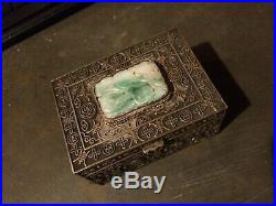 Antique Chinese Silver Filigree Box with Apple Green White Carved Jade Top