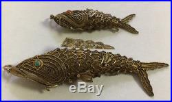 Antique Chinese Silver Filigree Fish Pendant Boxes Turquoise & Coral Eyes
