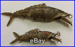 Antique Chinese Silver Filigree Fish Pendant Boxes Turquoise & Coral Eyes