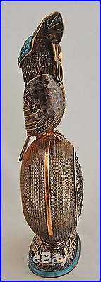 Antique Chinese Silver Filigree Owl Box Enamel Cloisonne Tiger Eye Bird Figural