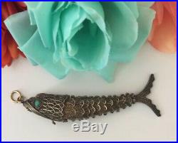 Antique Chinese Silver Fish Pendant Pill Box Turquoise articulated filigree. 800