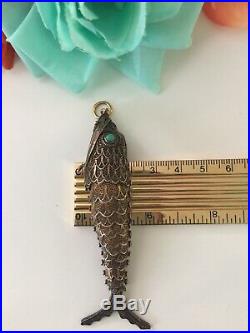 Antique Chinese Silver Fish Pendant Pill Box Turquoise articulated filigree. 800